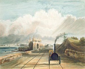 Dublin és Kingstown vasút: A Sea Point Hotel gyaloghídjáról a Salt Hill felé nézve, a távolban Kingstown kikötője, metszet J. Harris, 1834.